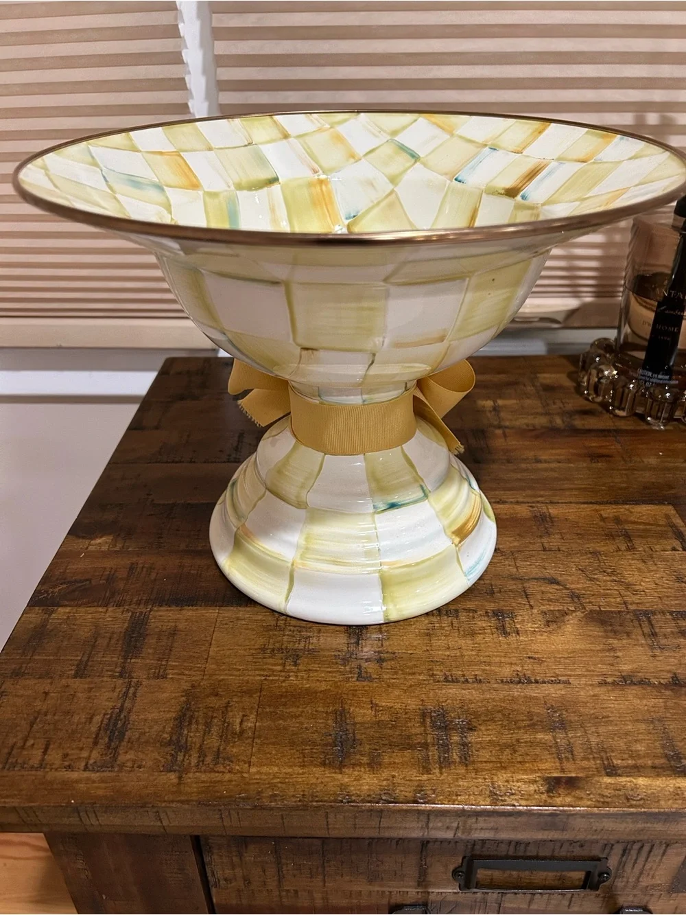 Mackenzie Childs parchment check discontinued and rare large compote